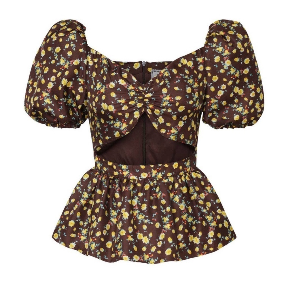 NWOT Autumn Adeigbo Bridgette Puff Sleeve Cut-Out Top Brown Yellow Floral